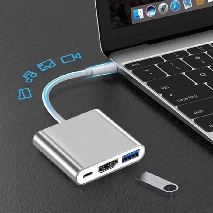 Adaptateur multiport USB-C vers HDMI - YYV - 3-en-1 - HDMI 4K - USB‑C PD - USB 3.0