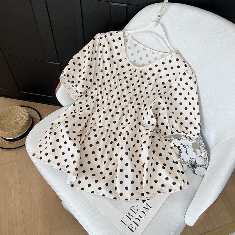 

2025 новый продукт супер красивая повседневная блузка с рукавами-пузырями, женская, в стиле ретро, с темпераментом, маленькая ароматная, в горошек, с короткими рукавами 3XL (recommended 138-75kg)