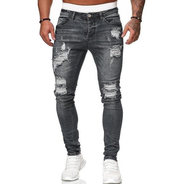 Men's Jeans Retro Fashion Elastic Hole Pants Fashion Stretchy Destroyed Jeans Casual Skinny Jeans