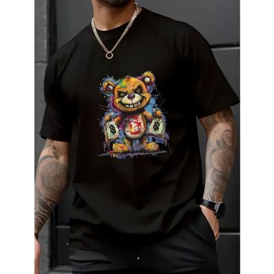 Men's Cotton T-Shirt with Graffiti Bear & Suitable for all-Season Streetwear - Soft Breathable Fabric, Loose Fit Crewneck Tee for Gym & Casual Wear