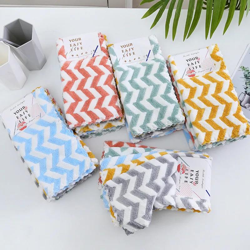 4Pcs 30x30cm Wave Soft Coral Velvet Kitchen Hand Towel Dishcloth Non-stick Oil Cleaning Wipe Cloth Scouring Pad
