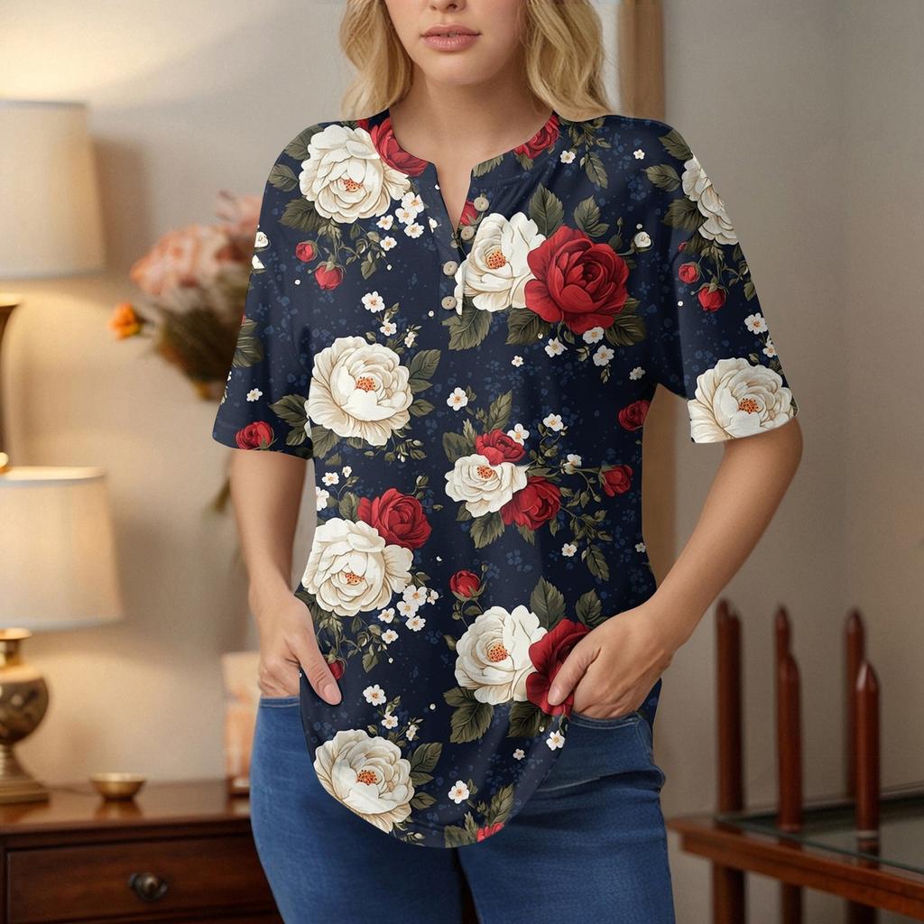Dámské topy s krátkým rukávem, letní trička, květinový potisk, výstřih do V, ležérní základní trička s knoflíky, tuniky