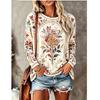 Women Long Sleeve T‑Shirt Boho Christmas Gingerbread Man Vintage Floral Leaf Print Crew Neck Casual Tops