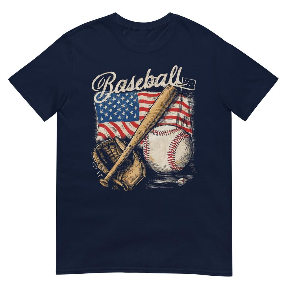 American Flag Baseball Player Bat Fan Catcher Pitcher Usa TShirt S