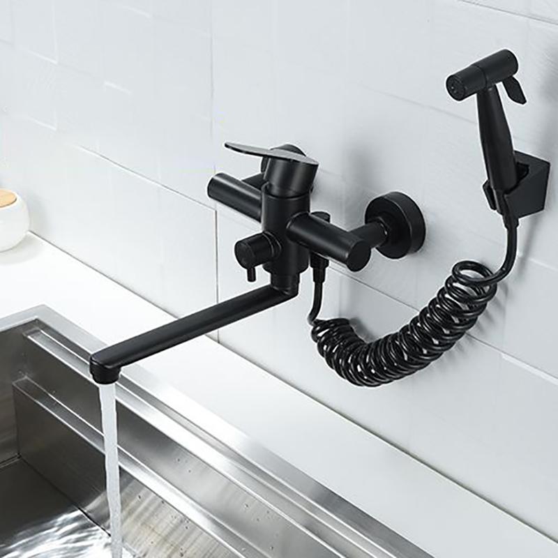 Alenartwater Kitchen Faucet Wall Mounted Rotable Sink Tap Dual Hole Single Handle Cold and Hot Water Mixer