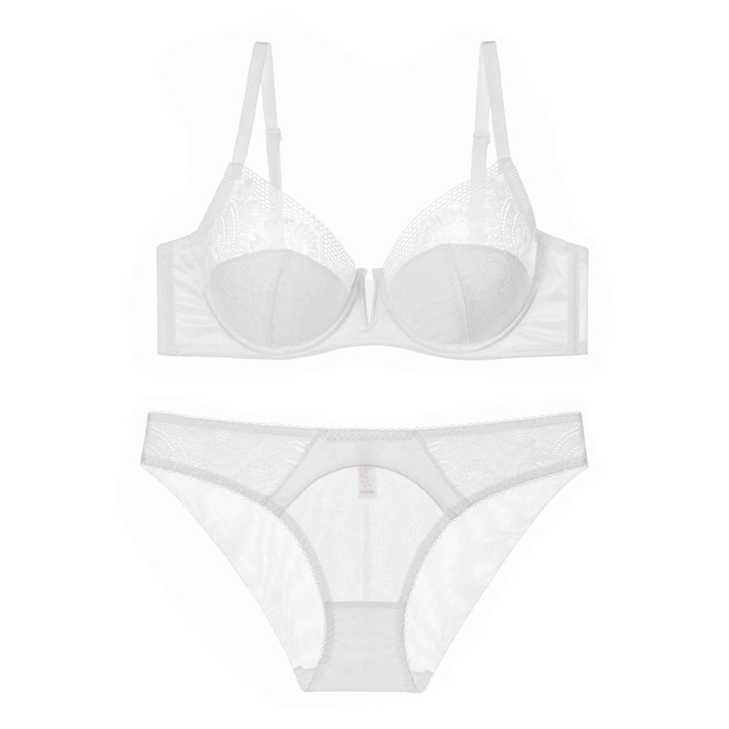 French Deep V Sexy Underwear Thin Cotton Mesh Contrast Color Gathering Bra Large Bust Small Large Size Bra