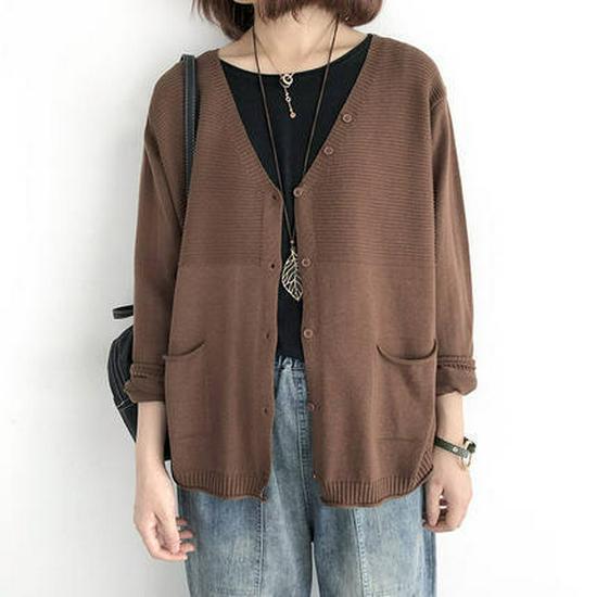 

Women s Sweaters V-Neck Tops Sweater Cardigans Vintage Crochet Knitted Jacket One Size кофейный