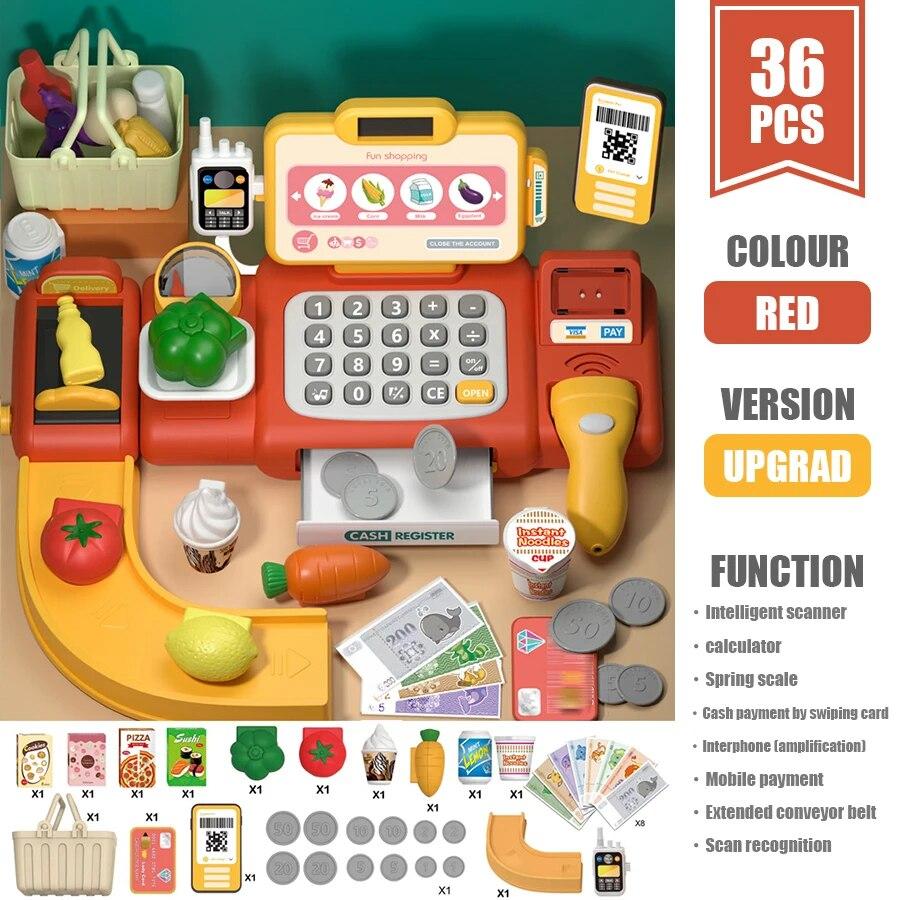 36pcs Kids Funny Supermarket Cash Register Speech Intelligent Recognition Pretend Checkout With Cash Register Role Playing Toys