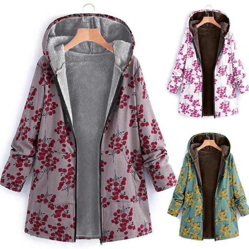 

Fall and Winter New Arrival Fashion Street Long Sleeves Zipper Hooded Thickened Composite Cotton-Padded Clothes Amazon Print Mid-Length Coat Women Plant Print yellow XL