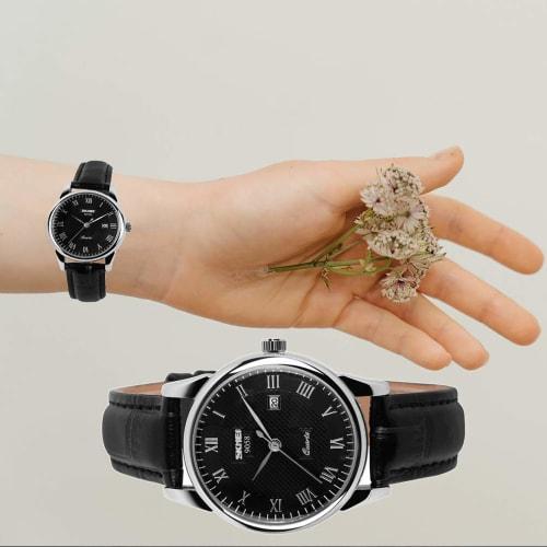 Ceas de damă SKMEI, Curea din piele neagră, Mișcare analogică simplă cu quartz, Drăguț, Elegant, Rezistent la apă, Casual, Afișaj dată, Business, Stil clasic, Per