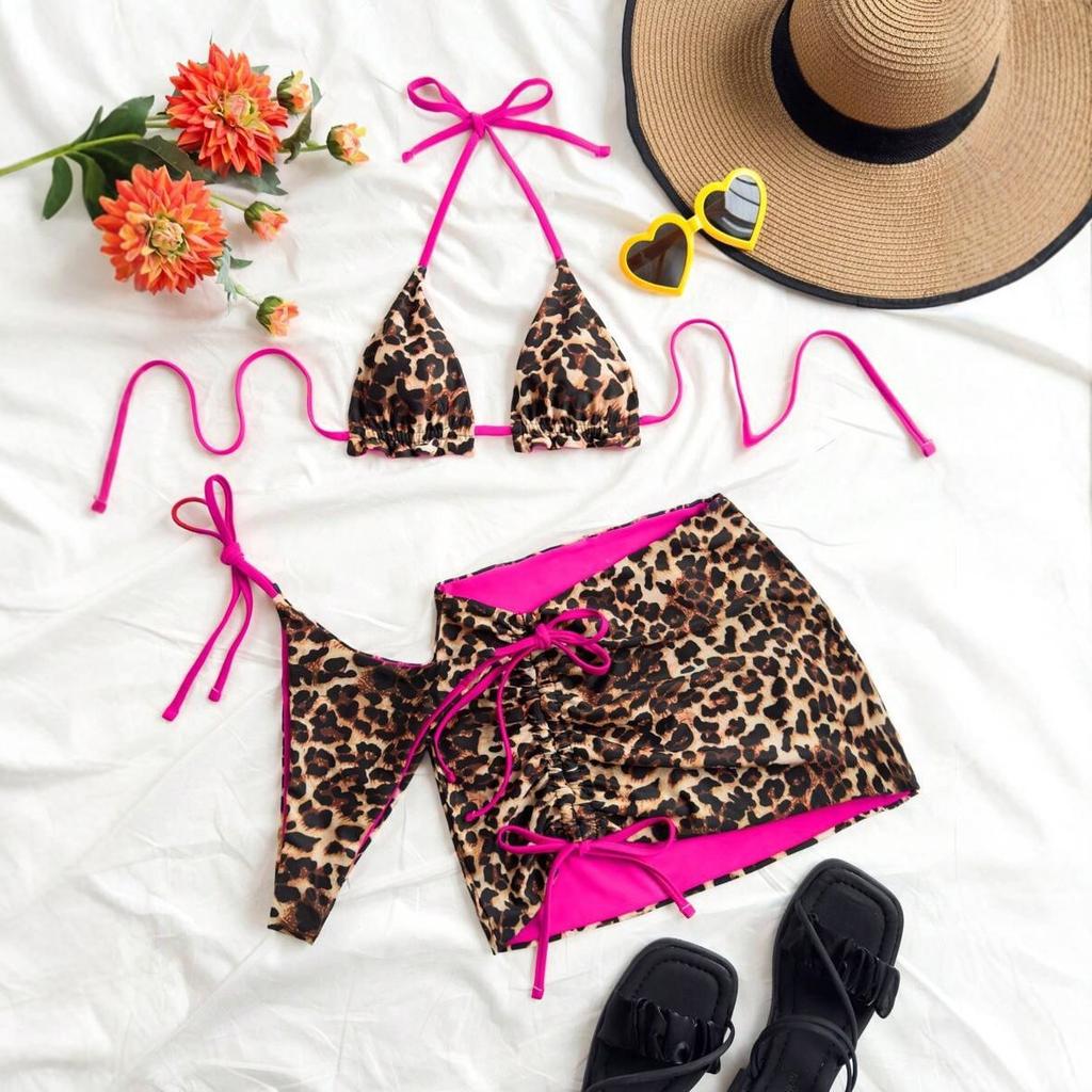 European And American Contrasting Colors Fashion Bikini Three-Piece Swimsuit Sexy Lace-Up Halter Skirt Bikini Swimsuit Women