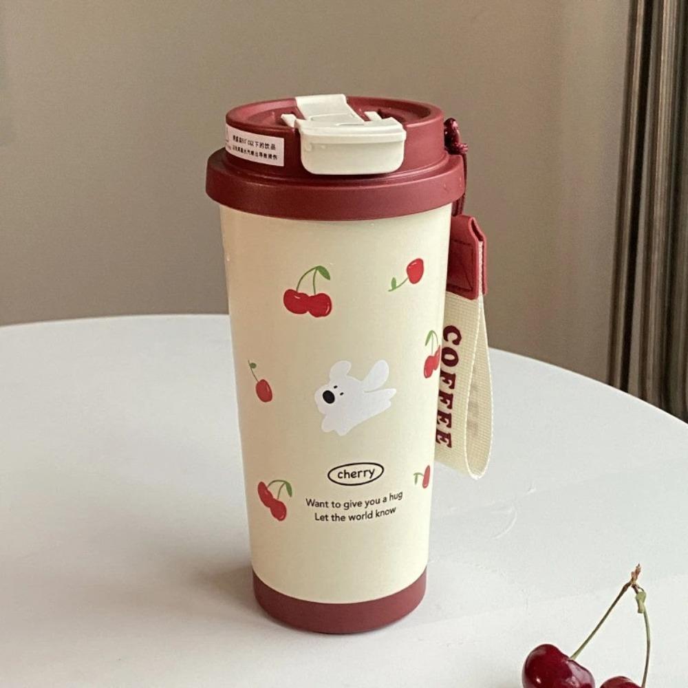 Cute Cherry 550Ml Student Double Drinking Straw Carrying Rope Plastic Water Bottle Cartoon Sports Office Car Coffee Cup