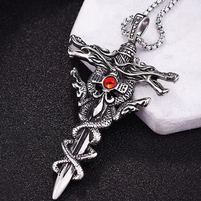 Double Dragon Sword Titanium Steel Necklace Pendant Retro Punk Cross