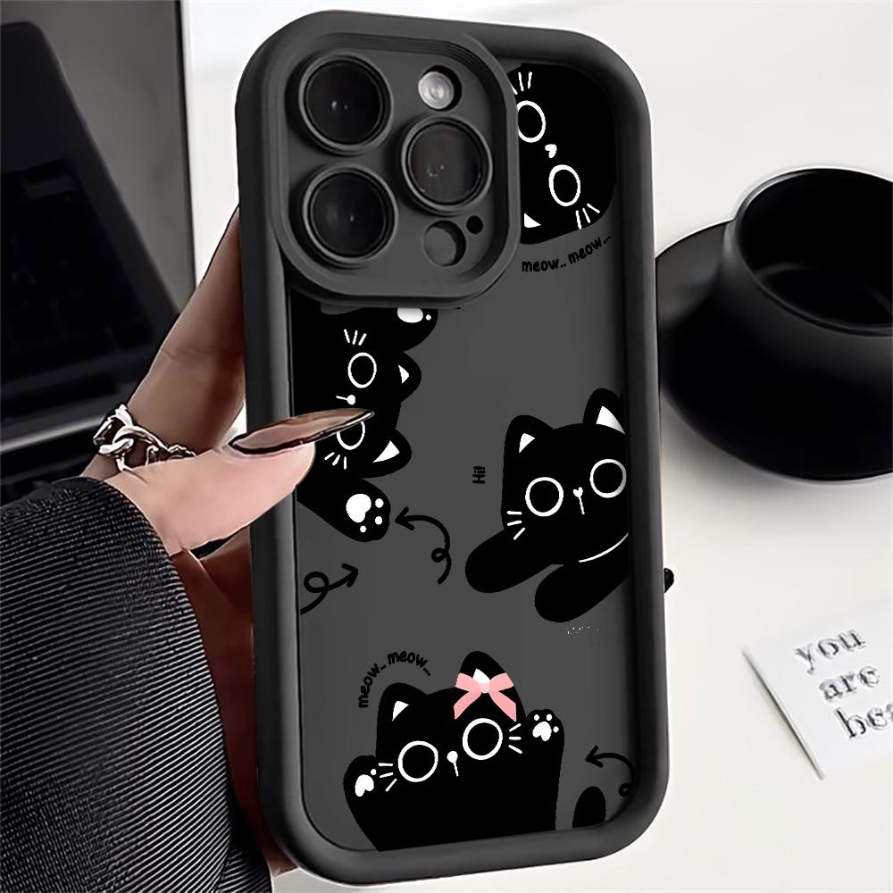 Cute Black Cat Bow Pattern Design Protective Cover for iPhone 17 16 15 14 13 12 11 16E Series Pro Max Plus