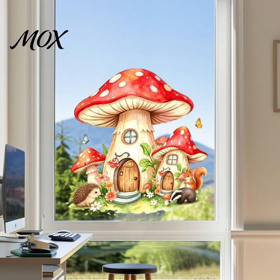 Self Adhesive Bathroom Glass Stickers Watercolor Forest Fairy Static Window Cling, Mushroom Elf Cottage Decal for Creative Gift Home Decor Kids Room,