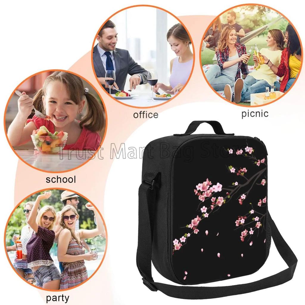 Sakura Japanese Cherry Blossom Insulated Lunch Bag with Shoulder Strap Portable Thermal Bento Tote Bag for Work Travel Picnic