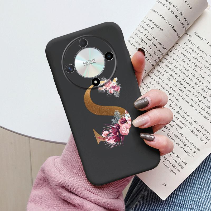 Buchstaben-Handyhülle für Honor X9b X9a Magic5 Lite Magic6 Lite 5G Hülle Retro-Blumen Rosa Schwarz Weiches TPU Initialen Silikon Fundas
