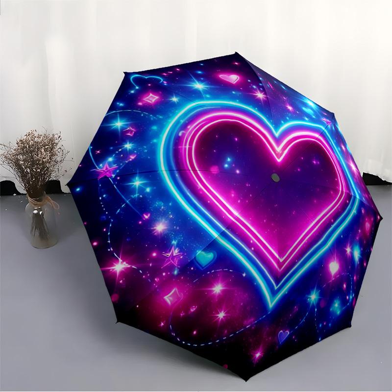 1pc Neon Heart Automatic Folding Umbrella - 8-Rib Durable Iron Frame, Compact Portable for Daily Travel Yy251205049