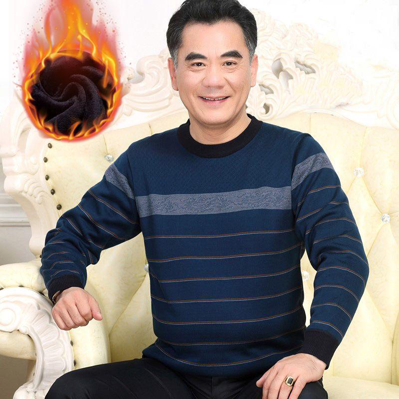 Men's Thick Fleece-Lined Sweater - Grandpa Style, Round Neck, Perfect for Winter Warmth