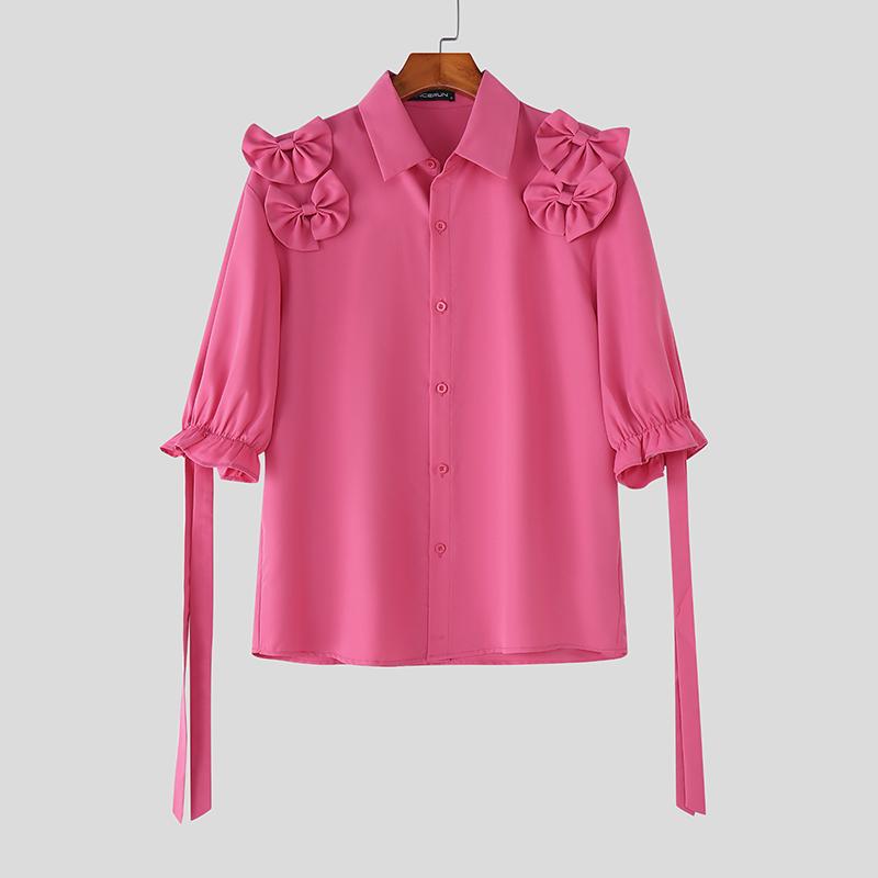 

INCERUN Oversized Men Lapel Neck Tassel Half Sleeve Bow Knot Causal Shirts 3XL розовый