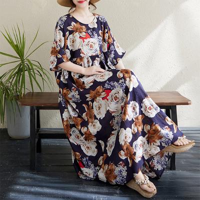 DIMANAF 2024 Plus Size Dress New Summer Basic Loose Women O-Neck Vintage Short Sleeve Big Size Beach Long Dress