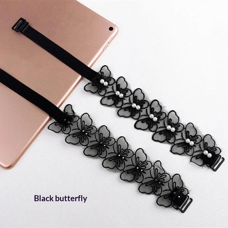 Lace Butterfly Bra Straps 1 Pair Faux Pearl Adjustable Buckle Non-slip for Backless Cocktail Dress Party
