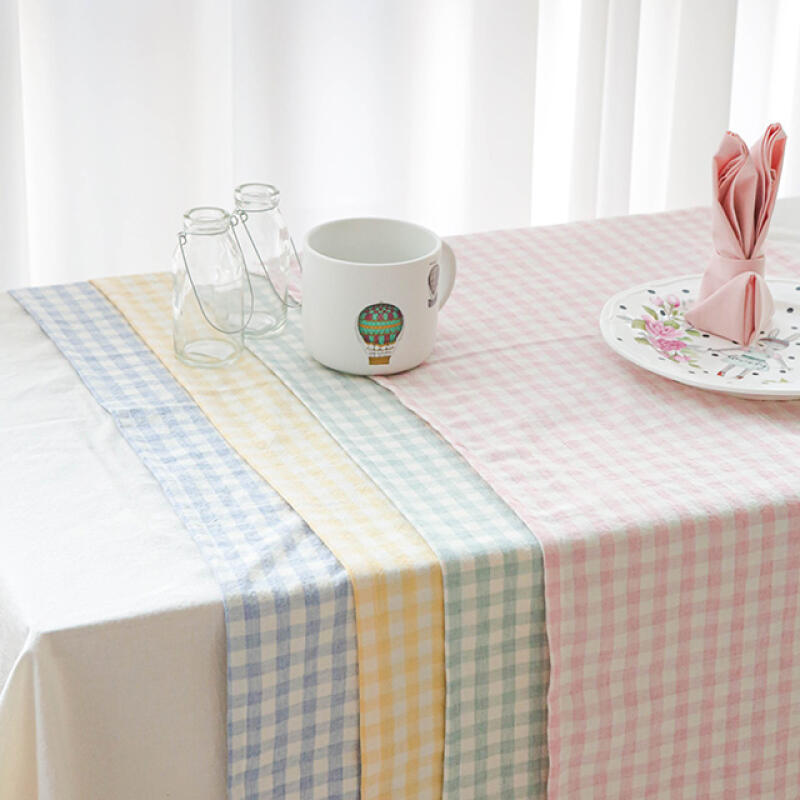 Melan Washed Check Cotton Table Runner (4 Colors) S pink