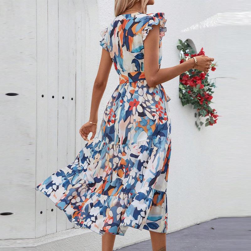 Elegantní dámské letní módní plážové šaty s potištěným páskem Bohemia s výstřihem do V