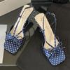 Fashion Blue Polka Dot Bow High Heel Sandals Women Fashion Square Toe Back Strap Buckle Brand Designer Shoes Sexy Open-toe Dress Shoes