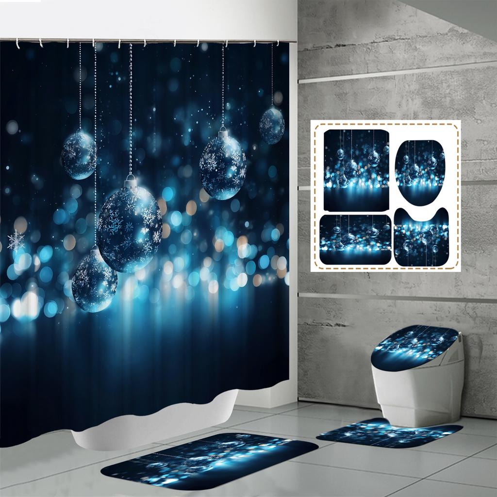 4PCS Shower Curtain Sets With Shower Curtain And Rugs Toilet Lid Rug U Shape Mat And Bath Mat Bathroom Set With 12 Hooks