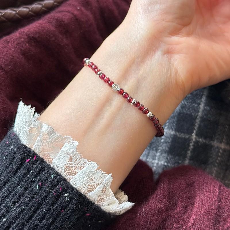 Sterling Coin Garnet Beaded Bracelet Women Minimalist Boho Style Adjustable Handmade Jewelry B3036