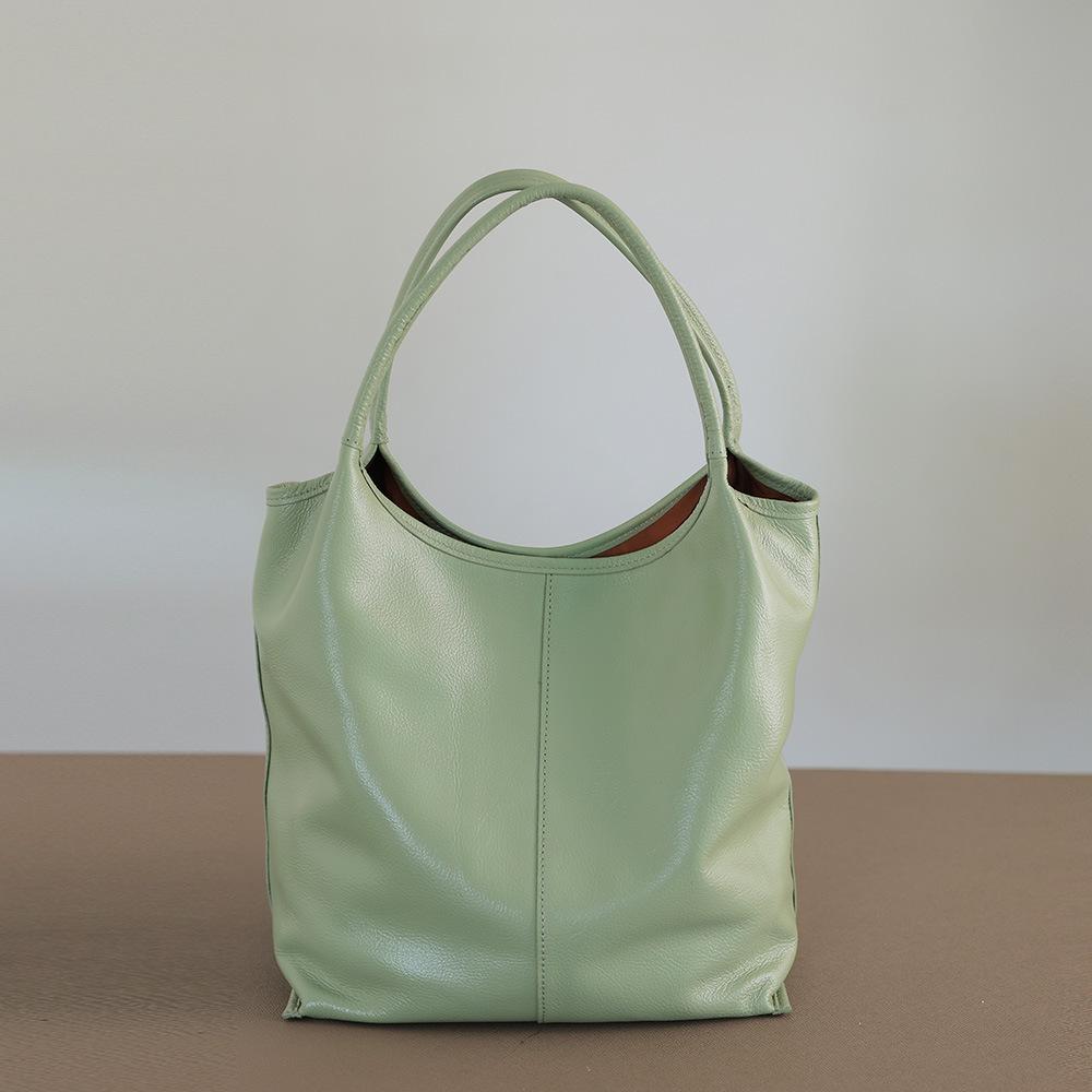 Top Layer Cowhide Japanese Korean Lightweight Hand-held Shoulder Leather Garbage Bag Tote
