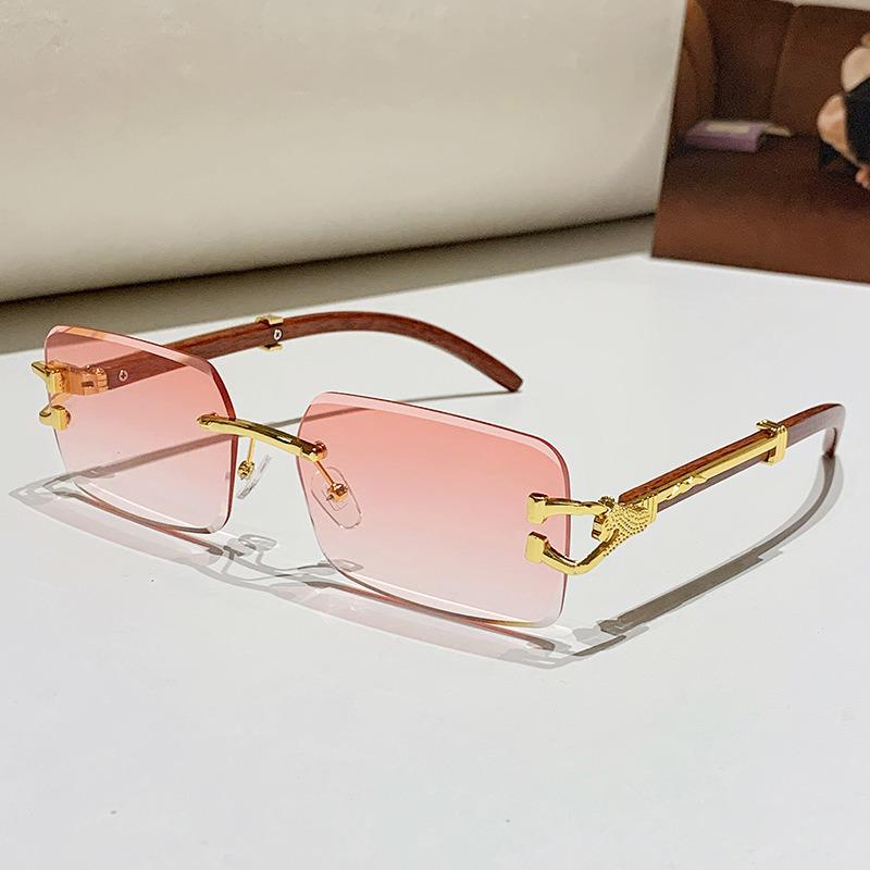 2026 Frameless Faux Wood Grain Leopard Head Men's Square Sunglasses with Leopard Temple.