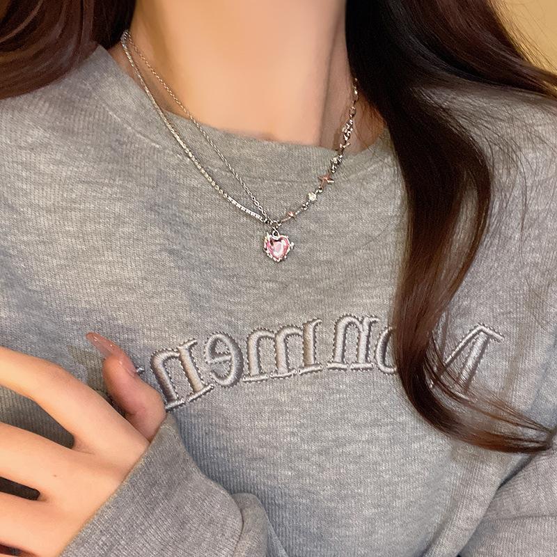 Damski naszyjnik z diamentowym sercem i gwiazdą, zimny styl, niszowy kryształowy naszyjnik, łańcuszek na obojczyk dla kobiet