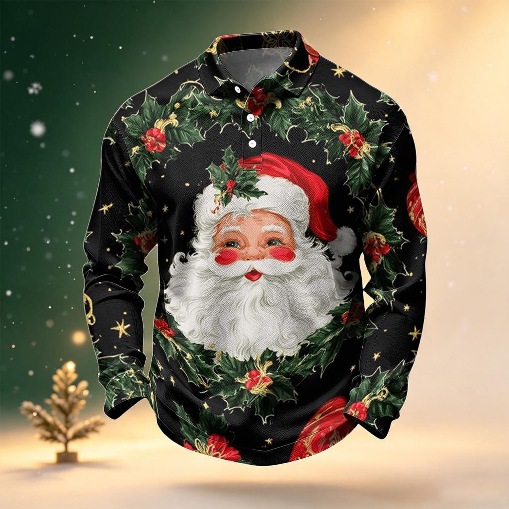 Men's Golf Shirt Long Sleeve Casual Christmas Print Quick-Dry Mesh Top