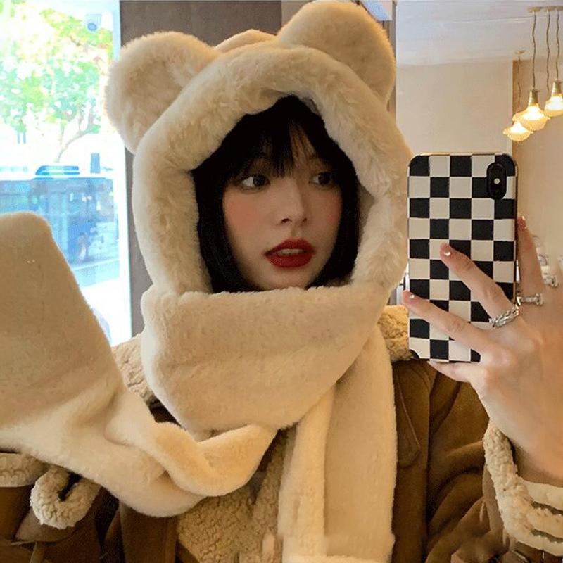 Hat Scarf Gloves One Female Winter Baby Cute Bear Three Sets Of Warm Plush Siamese Hat
