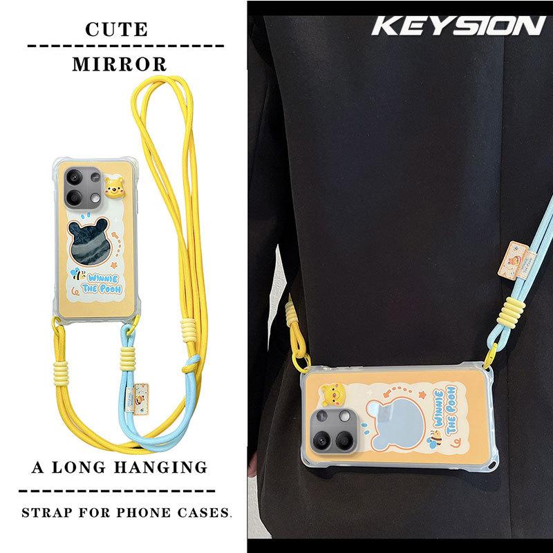 KEYSION Crossbody Strap Phone Case for Redmi Note 13 Pro 4G 5G Cute Cartoon Long Lanyard Mirror Shockproof Cover for POCO X6 M6 Pro 4G