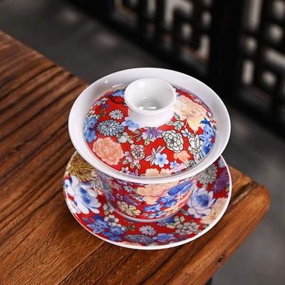 Enamel Color Ceramic Cover Bowl, Single Kung Fu Tea Set, Handmade Large Peony Flower Honeysuckle Hand Grab Sancai Tea Bowl