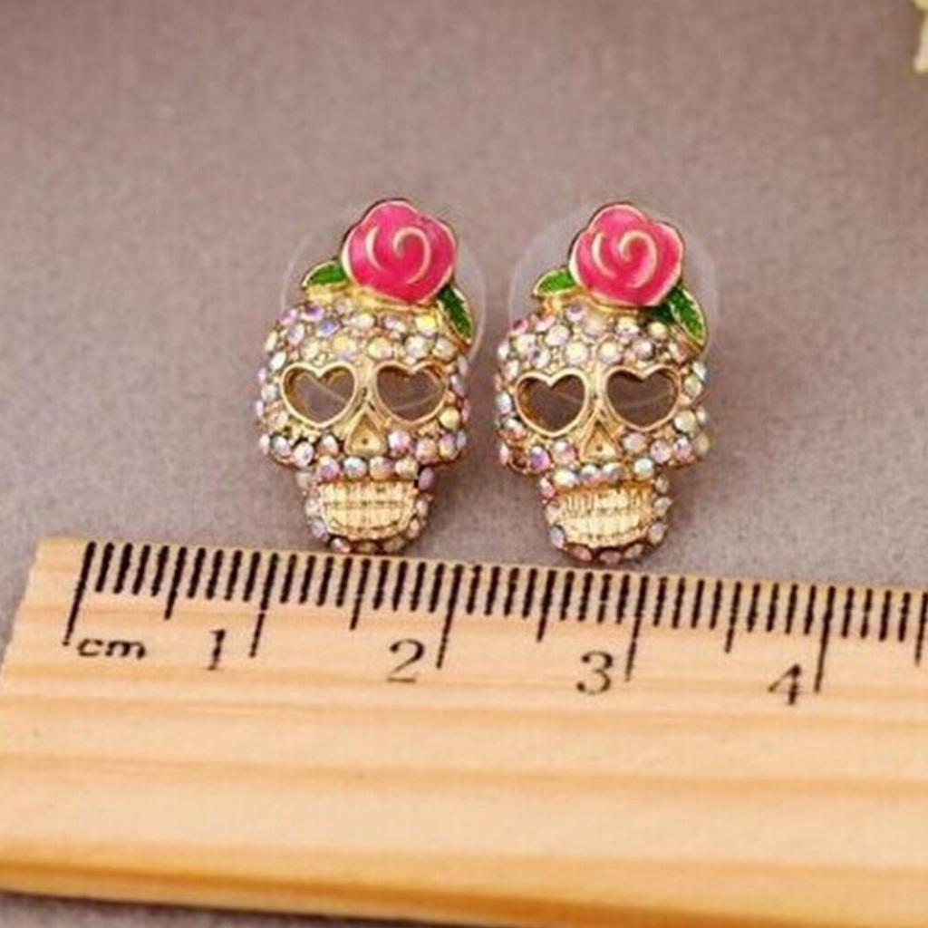 Retro Rhinestone Wearing Rose Flower Skull Head Stud Earrings For Women Men Halloween Hollow Heart Eye Skeleton Earrings Jewelry