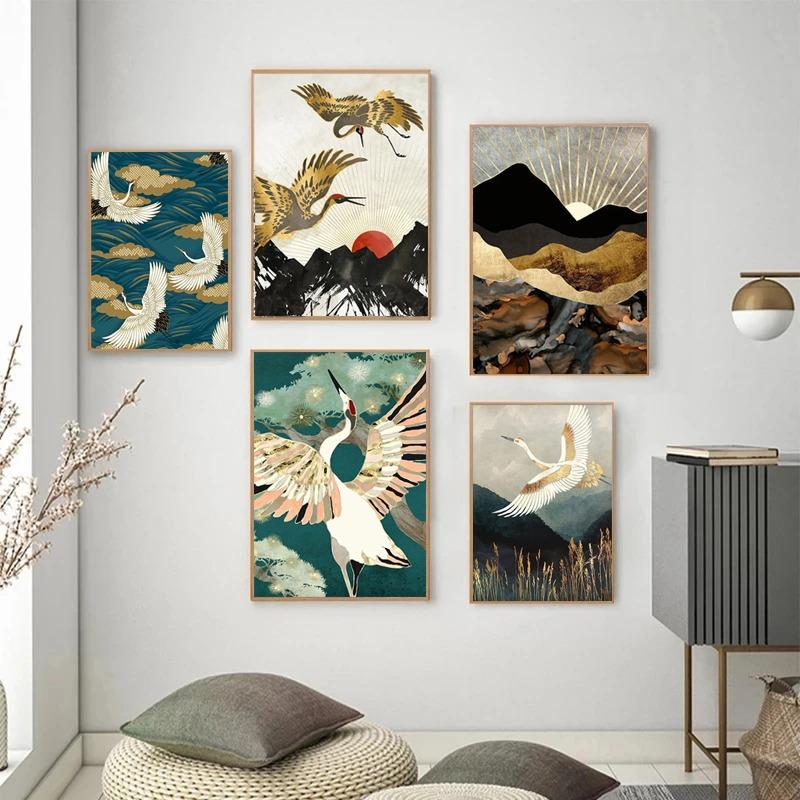Retro Golden Flying Crane Abstraktes Tier Vogel Poster Drucke Chinesischer Stil Leinwand Malerei Wandkunst Bild Wohnzimmer Dekor