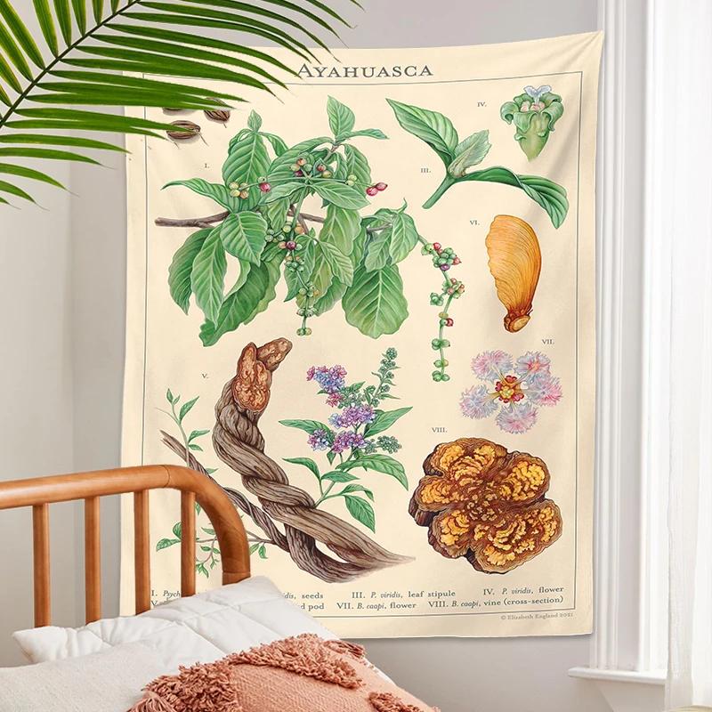 Ayahuasca Botanical Tapestry Wall Hanging Vintage Print Floral Illustration Flower Reference Chart Wall Cloth Art INS Home Decor
