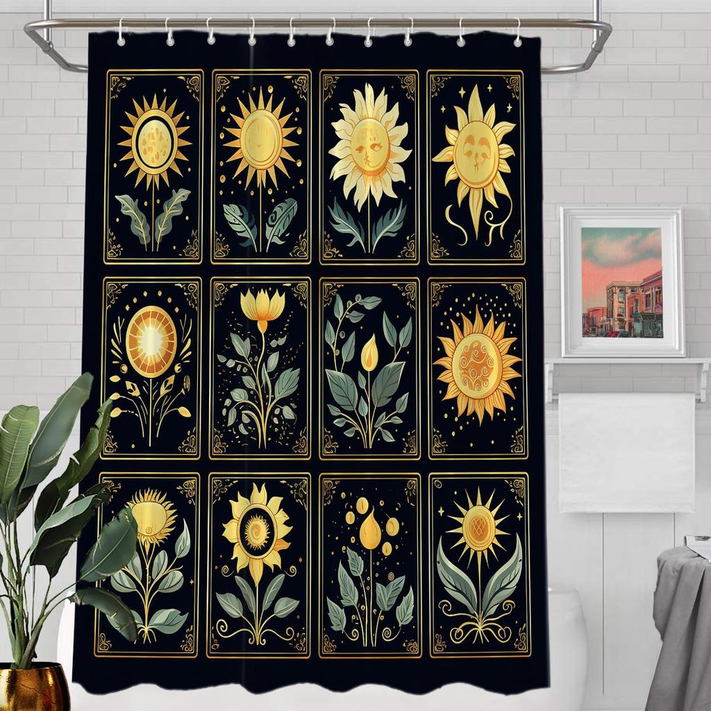 Golden Sunflower Tarot Card Style Shower Curtain Black Background Boho Art 72X72 Inches