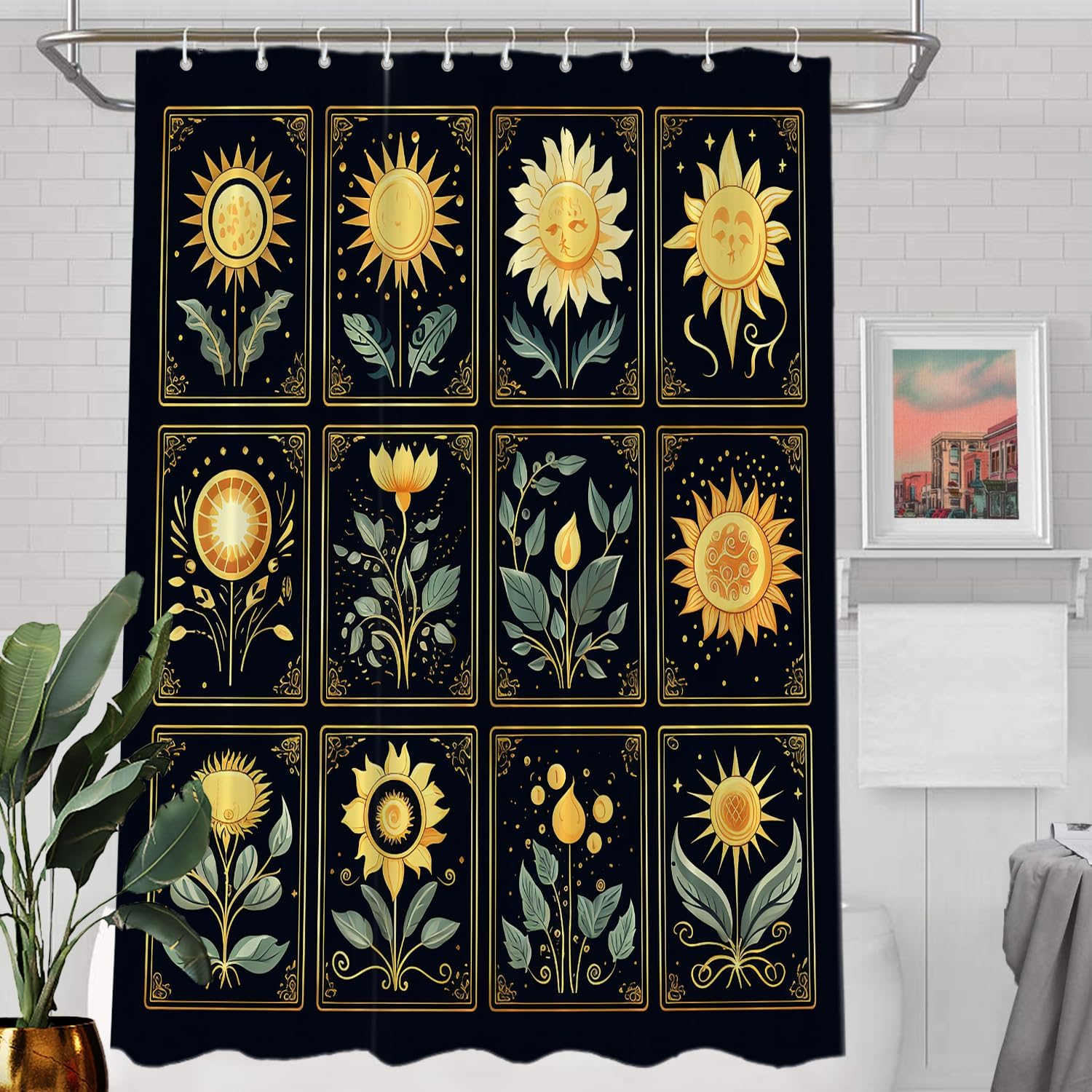 

Golden Sunflower Tarot Card Style Shower Curtain Black Background Boho Art 72X72 Inches W60H190(CM)-1 Pcs