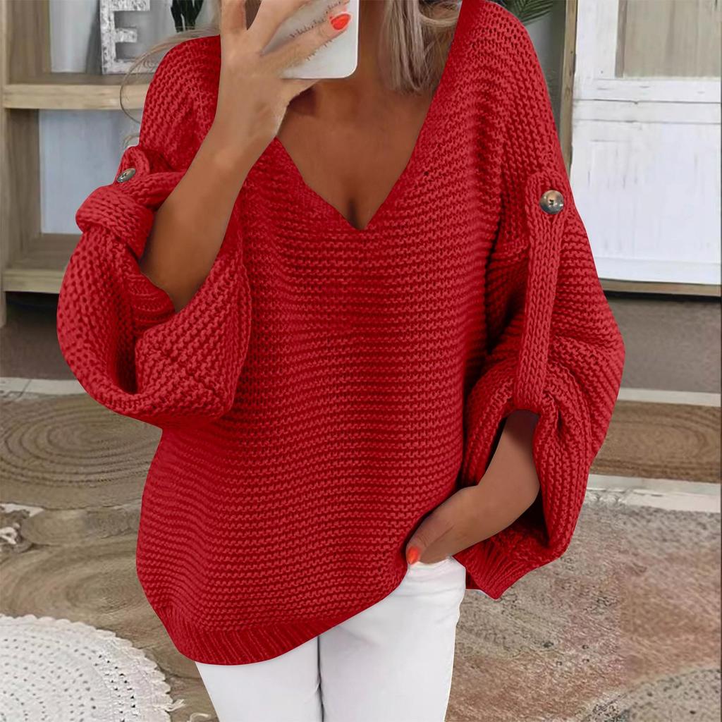 Damenmode Lässiger Pullover Langarm Oberteil und Winter Langarm V-Ausschnitt Pullover