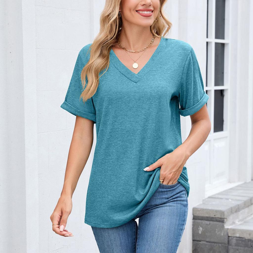 Women's Fashion Color V-neck Short Sleeved Loose Fitting Pullover T-shirt Top