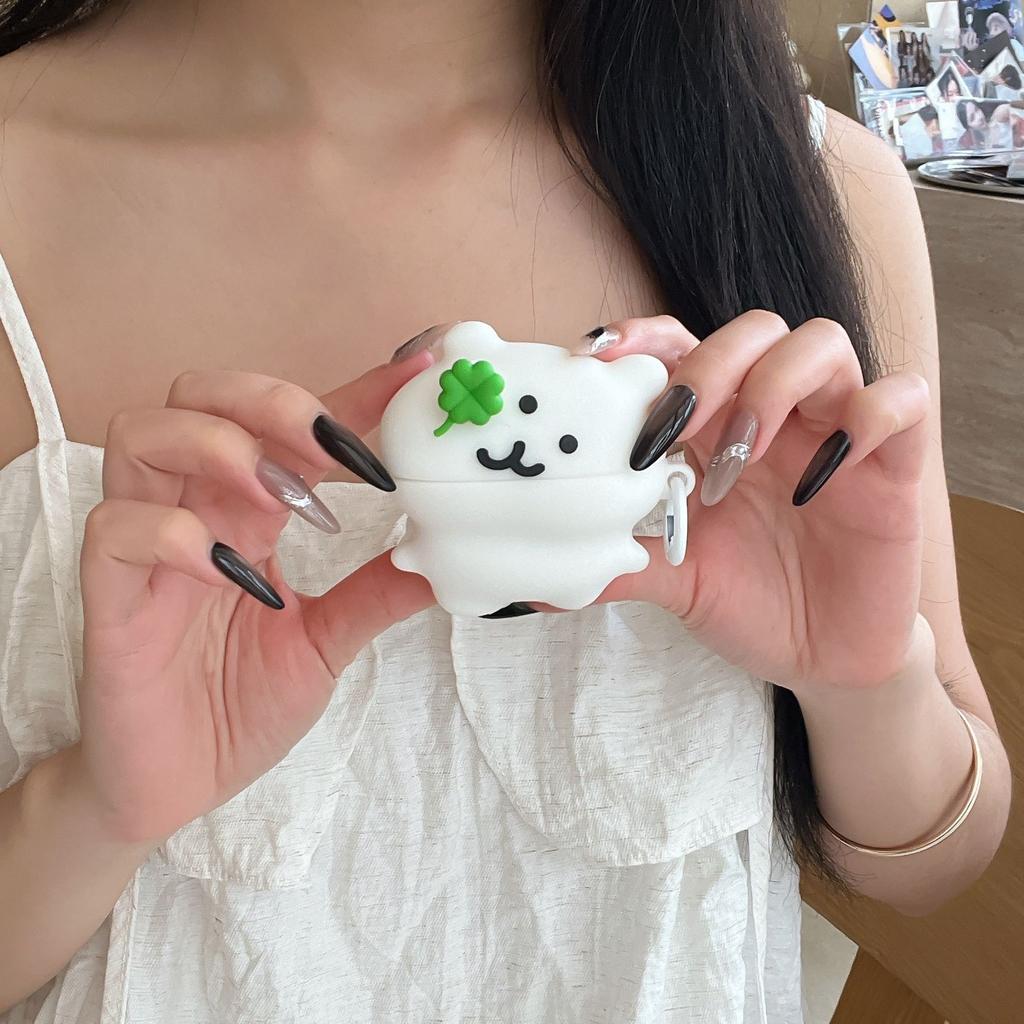 Four-Leaf Clover Self-Mocking Bear AirPods Pro 1 Apple Bluetooth Headphone Case 1/1 Gen Cartoon Case Suitable for Women