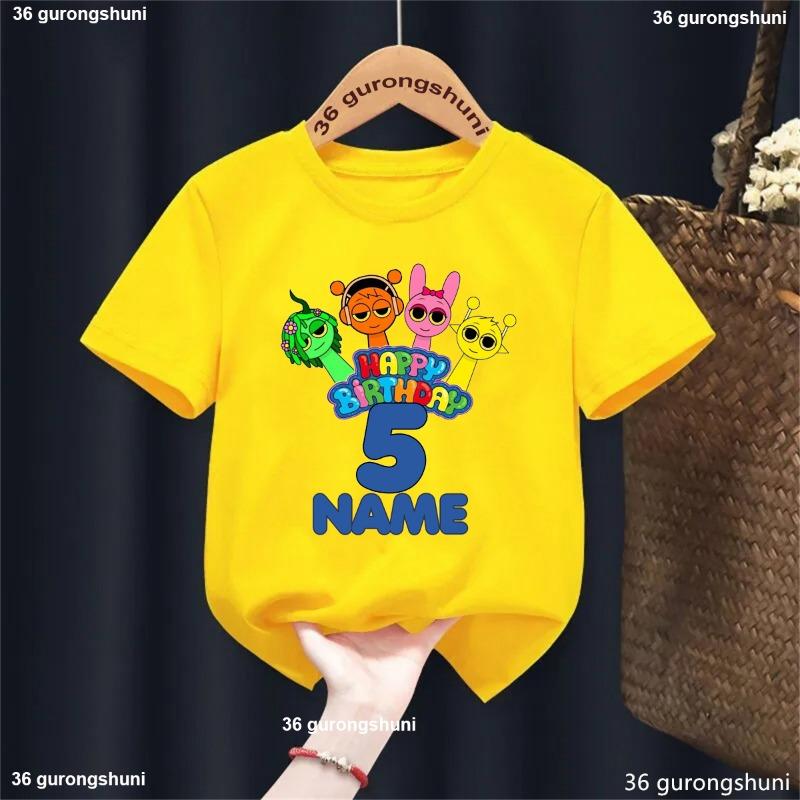 

Custom Name Rainbow 5th Birthday Sprunki Character Game Printed T-Shirt Girls/Boys Kawaii Kids Clothes Summer Solid T-Shirt 110
