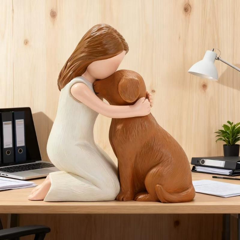 Girl Embracing Dog Sculpture Resin Miniature Statue Loss of Pet Sympathy Gift for Living Room Bedroom Display Ornament