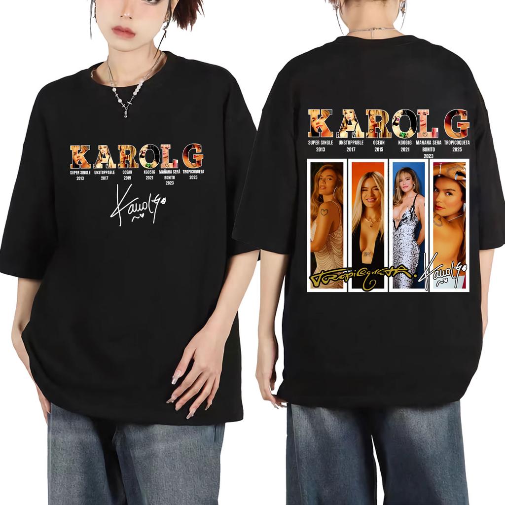 Singer Karol G Double Sided Graphic T Shirts High Streetr Fashion Trend Short Sleeve T-shirts Men Women Casual Cotton T-shirt