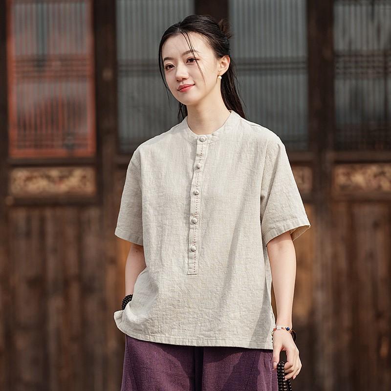 Johnature Women Vintage T-Shirts Stand Short Sleeve Summer Cloths Button Solid Color Loose T-Shirts